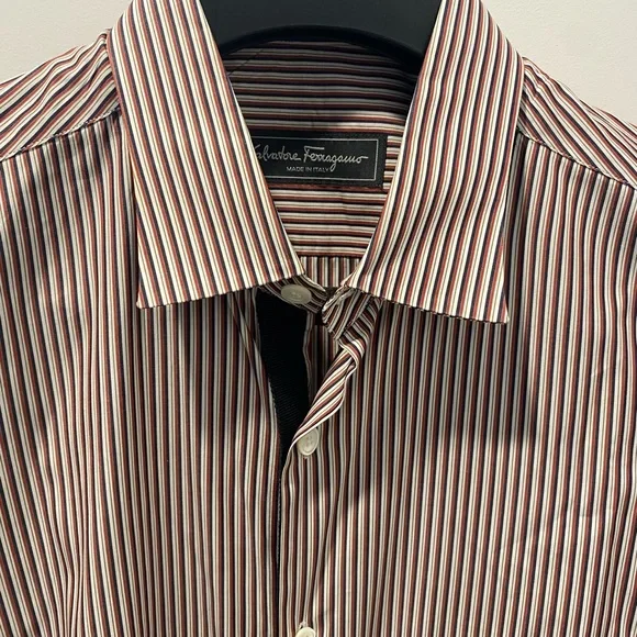 Salvatore Ferragamo Men's Burgundy and White Striped Dress Shirt Dress Shirts